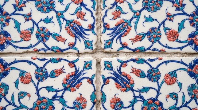 Generated with AI Traditional Iznik Ottoman Turkish floral ornamental ceramic tile texture featuring blue and coral red patterns on a white background