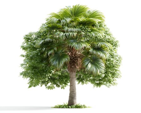 A lush green palm tree with full foliage and textured bark, isolated on a white background