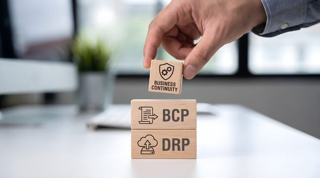 Hand stacking wooden blocks with business continuity bcp and drp icons