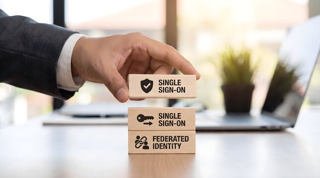 Hand stacking wooden blocks with single signon and federated identity concepts