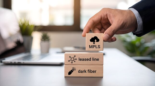 Hand stacking wooden blocks with mpls, leased line, and dark fiber