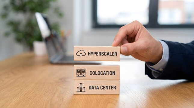Hand holding wooden block with hyperscaler colocation data center