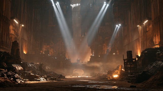 Post-Apocalyptic Industrial Scrap Yard with Dramatic Spotlights