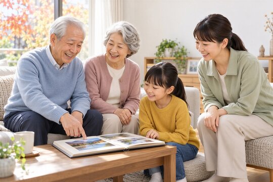 写真アルバムを囲んで思い出を楽しむ日本人三世代家族