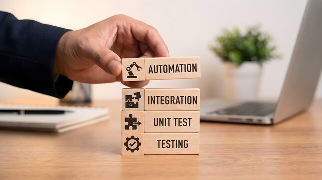 Automation testing integration concept on wooden blocks with hand