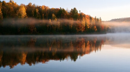 Obraz premium Misty autumn morning over a calm lake with vibrant fall foliage reflecting on the water