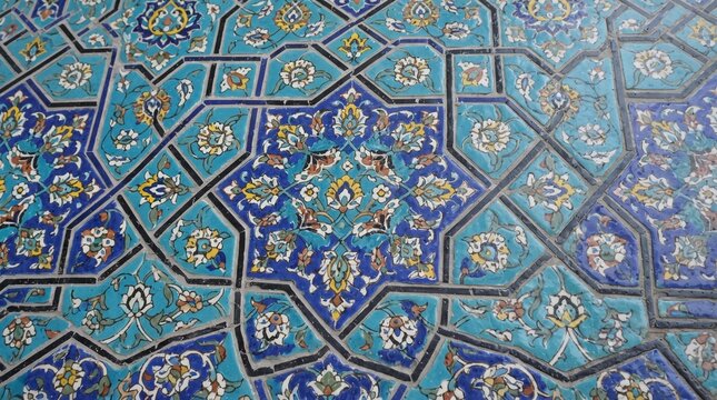 Generated with AI Antique Persian architectural mosaic ceramic texture featuring a central star geometric ornament in turquoise blue and golden yellow