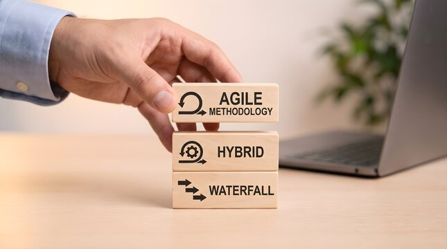 Agile methodology wooden blocks with hybrid and waterfall