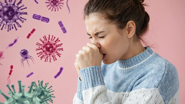 Woman coughing into her hand with floating virus and bacteria