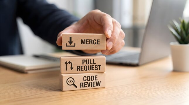 Hand holding wooden block with merge text and software icons