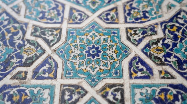 Generated with AI Close up detail of a Persian architectural mosaic ceramic texture showing a central floral mandala ornament in turquoise white and yellow
