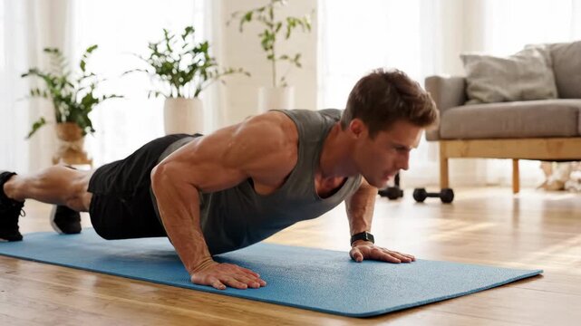 Strong man performing push-ups on a yoga mat during a home workout.