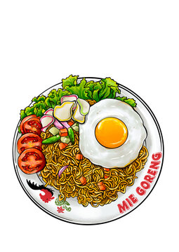 fried noodles eggs with bacon, mie goreng Indonesian food 
