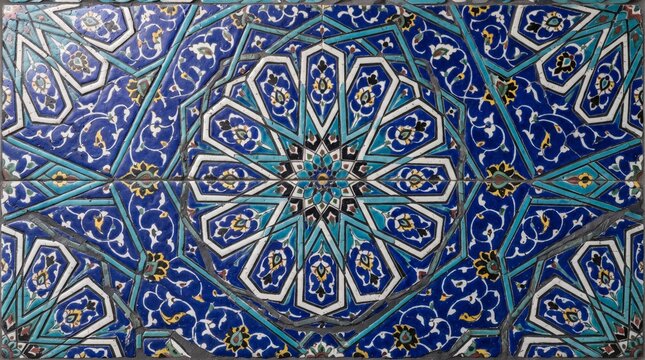 Generated with AI Persian ceramic tile pattern symmetrical twelve point rosette dark blue turquoise