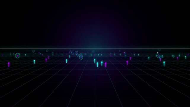 Abstract digital figures in motion against a dark background with glowing light effects