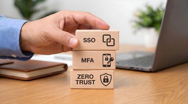 Hand stacking wooden blocks with cybersecurity concepts sso mfa zero trust