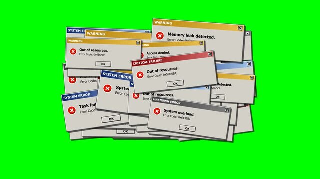 Computer error dialog boxes rapidly popping up on a green screen, causing a chaotic system overload jitter that ends in an explosive scatter.