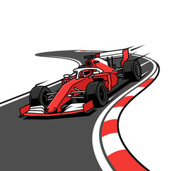 Obraz premium Red Formula One Racing Car Driving Through a Corner on a Race Track