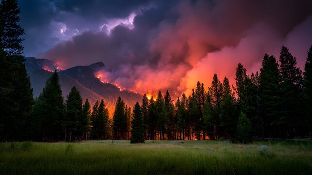 Long exposure photograph of a wildfire burning through a forested