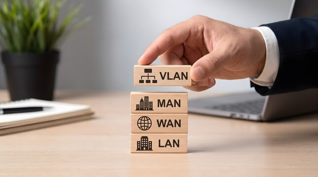 Hand stacking wooden blocks with network terminology on office desk