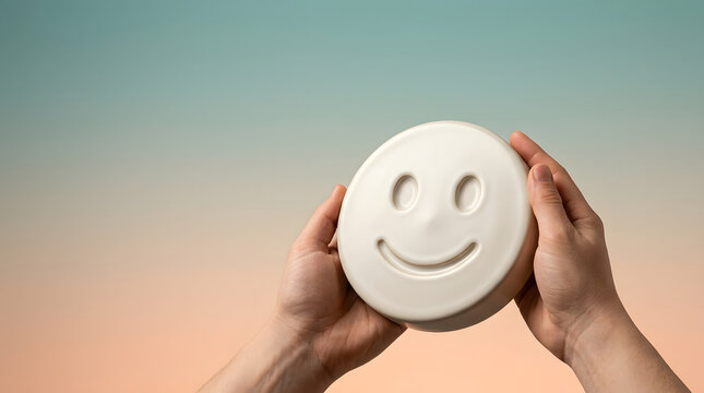 Smiley face icon, hands holding white ceramic circle, emotional symbol of happiness and positivity, soft pastel gradient background, ideal for customer service feedback and satisfaction ratings.