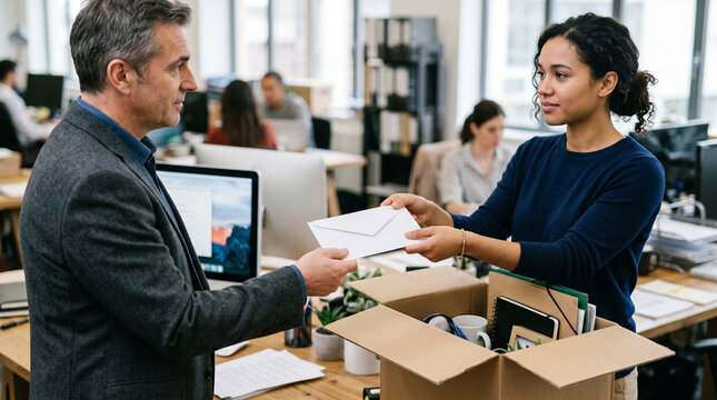 Close up of employee handing resignation letter to manager with cardboard box.