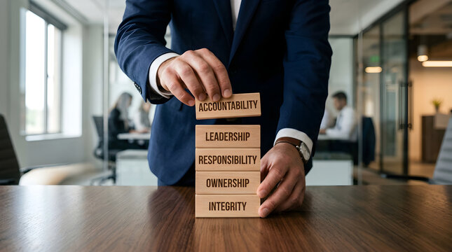 Leadership Development Concept with Businessman Stacking Wooden Blocks in Office Interior