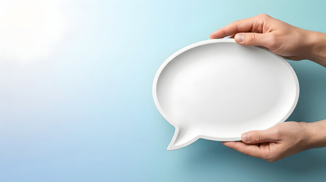 Speech bubble mockup, Hands holding blank white talk cloud for message display, Minimalist icon with soft shadow, Light blue gradient background, Perfect for business advertising and marketing
