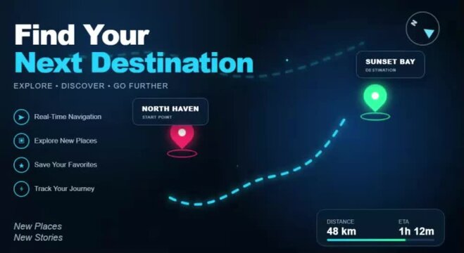 GPS Travel Navigation App UI Route Tracking Destination Pin 4K Video Background
