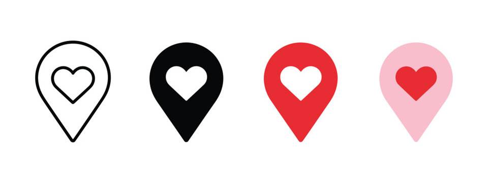 Location pin with heart icon set, love marker symbol representing favorite places, romantic destinations, navigation apps, geotagging, and emotional mapping.  