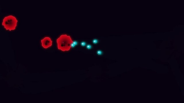 Abstract cancer animation illustrating immune system t-cells or nanoparticles attacking malignant tumor cells on dark background