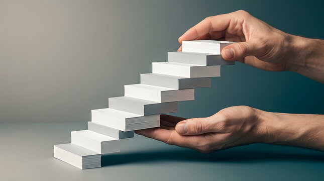 Business card stairs, hands building steps towards success, stacked white paper cards held by professional male hands, neutral studio background with copy space, corporate growth concept for ads