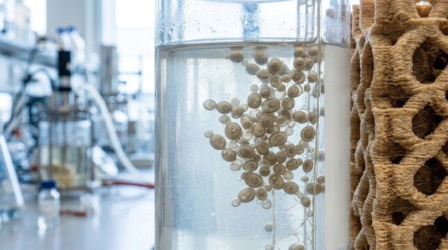Yeast cells fermenting polymer-derived nutrients inside a culture chamber beside a printed food lattice