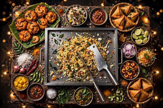 Sri Lankan Street Food Flat Lay with Kottu Roti on Griddle, Isso Wade and Samosa, Night Market Feast