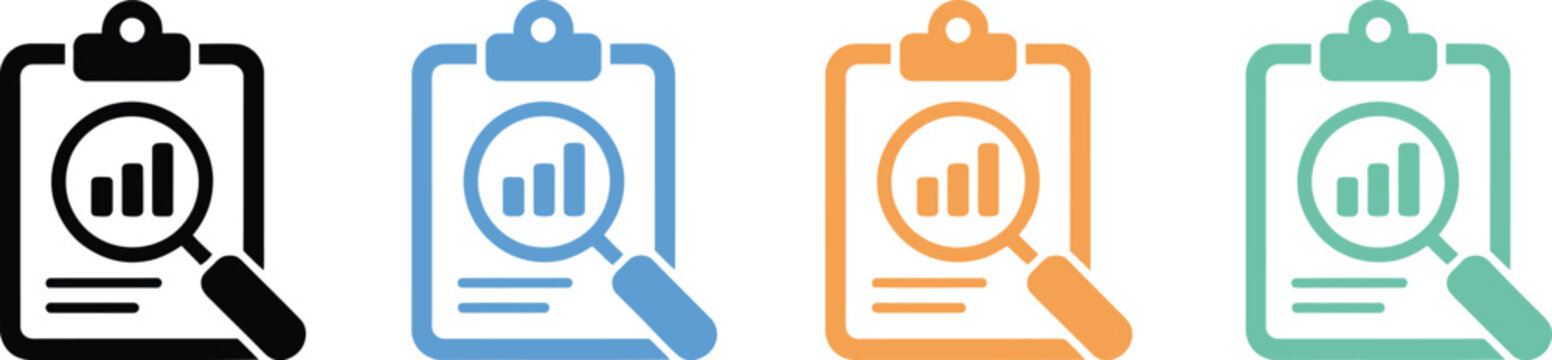 Analyze Company Growth Report, with Magnifying Glass Icon Set, talent management skill gap analysis performance measurement business intelligence and evaluation symbols.