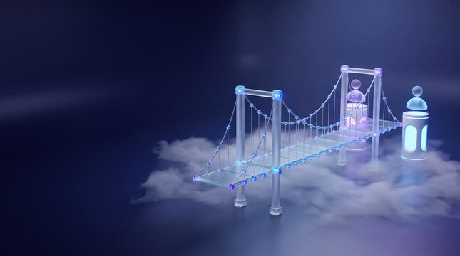 Commercial 3D e-commerce sale promotion banner featuring global remote bridge and copy space