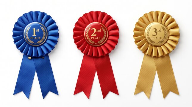 Three isolated award ribbons with first, second, and third place numbering on white background