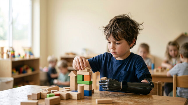 A young boy with a prosthetic arm concentrates intently as he builds with wooden blocks, surrounded by other children in a brightly lit classroom.