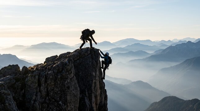 Determined climbers reaching a rugged mountain summit, one offering a helping hand to the other, embodying teamwork, challenge, and triumph