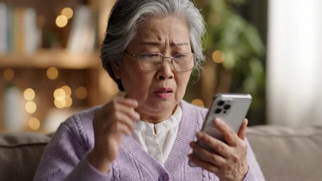 Confused senior Asian woman struggling with her smartphone and eyeglasses.