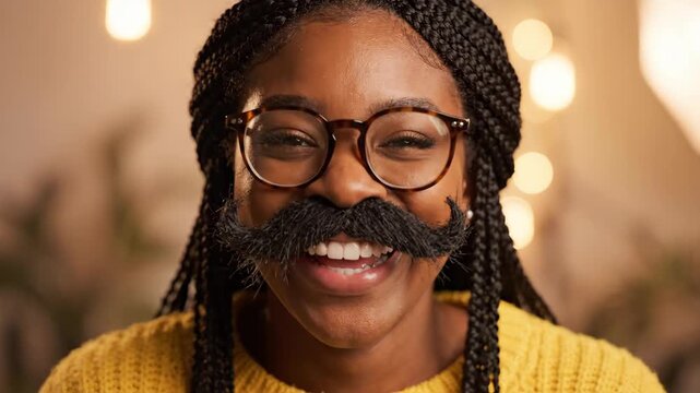 Joyful Black woman with a fake mustache and glasses laughing heartily.