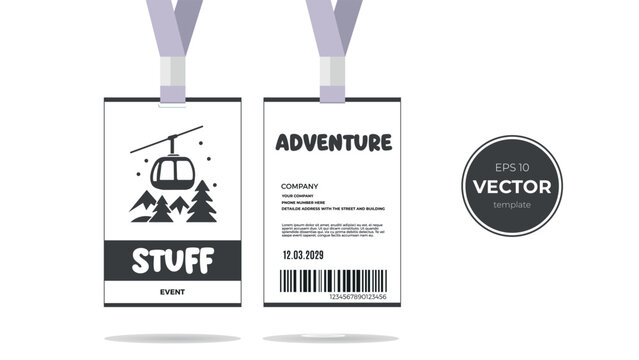ID badge with mountains cable car design template for event access. Adventure text.