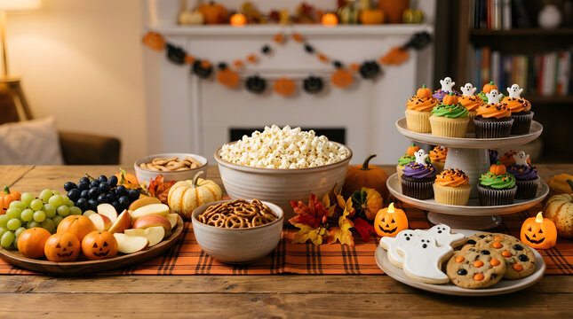 Halloween party food spread with cupcakes, popcorn, and fruit on a wooden table. Festive spooky snack table