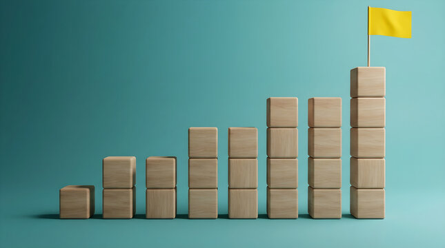 Business Growth Concept with Wooden Block Bar Chart and Yellow Flag
