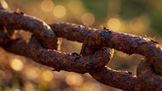 Weathered, rusty metal chain links bathed in warm, golden hour sunlight.