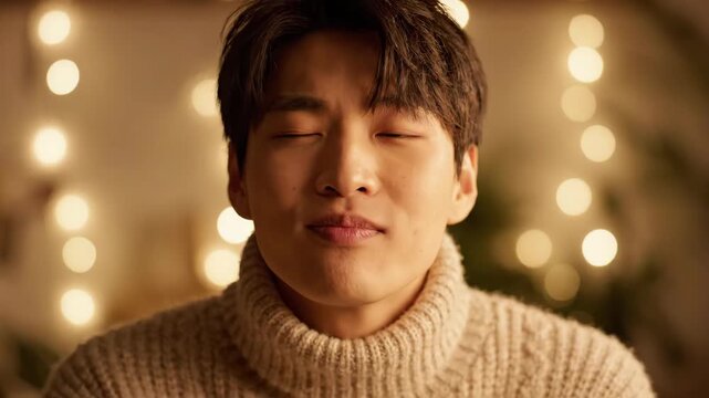 Playful young man winking with puckered lips against warm bokeh lights.