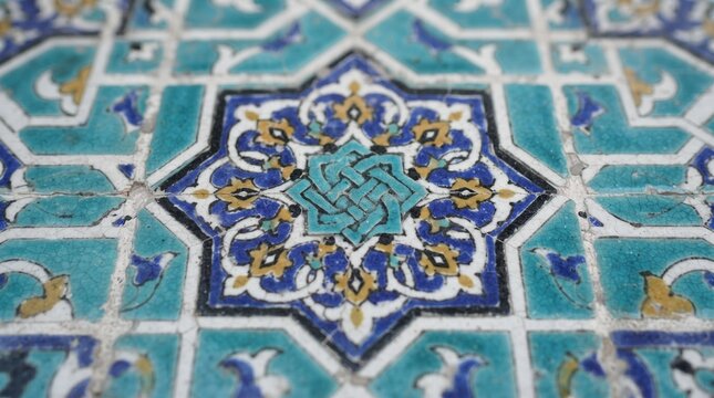 Generated with AI. Close-up shot of a Persian ceramic mosaic tile featuring an eight-pointed Islamic star motif.