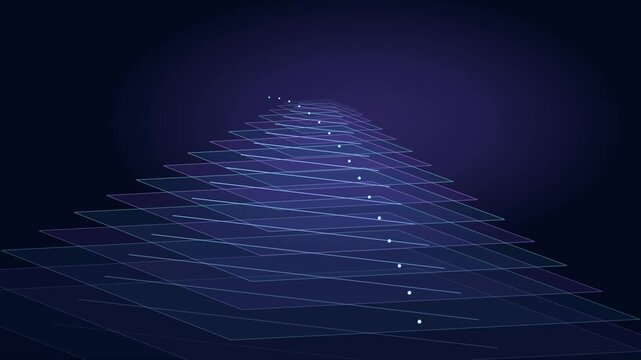 Voies num&eacute;riques transparentes bleues et violettes avec flux lumineux vers l&rsquo;avant
