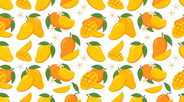 Seamless pattern of fresh ripe mango fruits, slices, and flowers on white background vector illustration