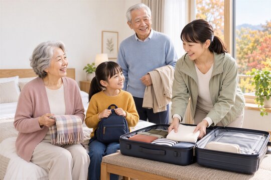 秋の家族旅行に向けてスーツケースに荷造りする三世代家族